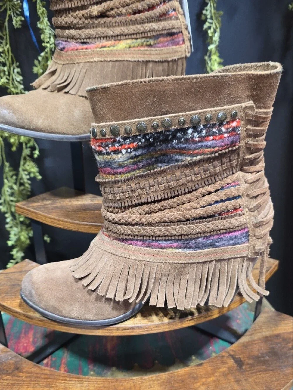 Naughty Monkey Brown Suede Fringe Ankle Boots with Multicolor Yarn Trim